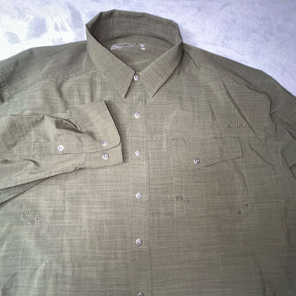 Ariat Mens XXL AriatTEK Heat Series Long Sleeve Button Down Shirt Olive Green - Picture 2 of 15